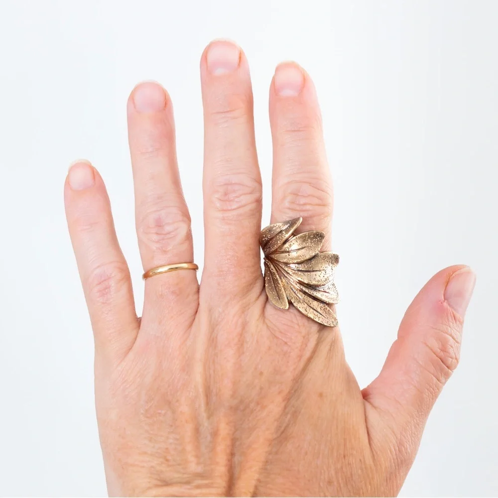 18K yellow gold over sterling silver textured leaf wrap ring 10